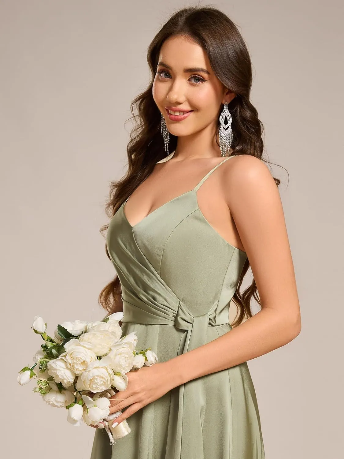 Ever-Pretty Women's Sexy Spaghetti Straps Ruched V Neck Floor Length Satin Formal Dress with Slit 02317