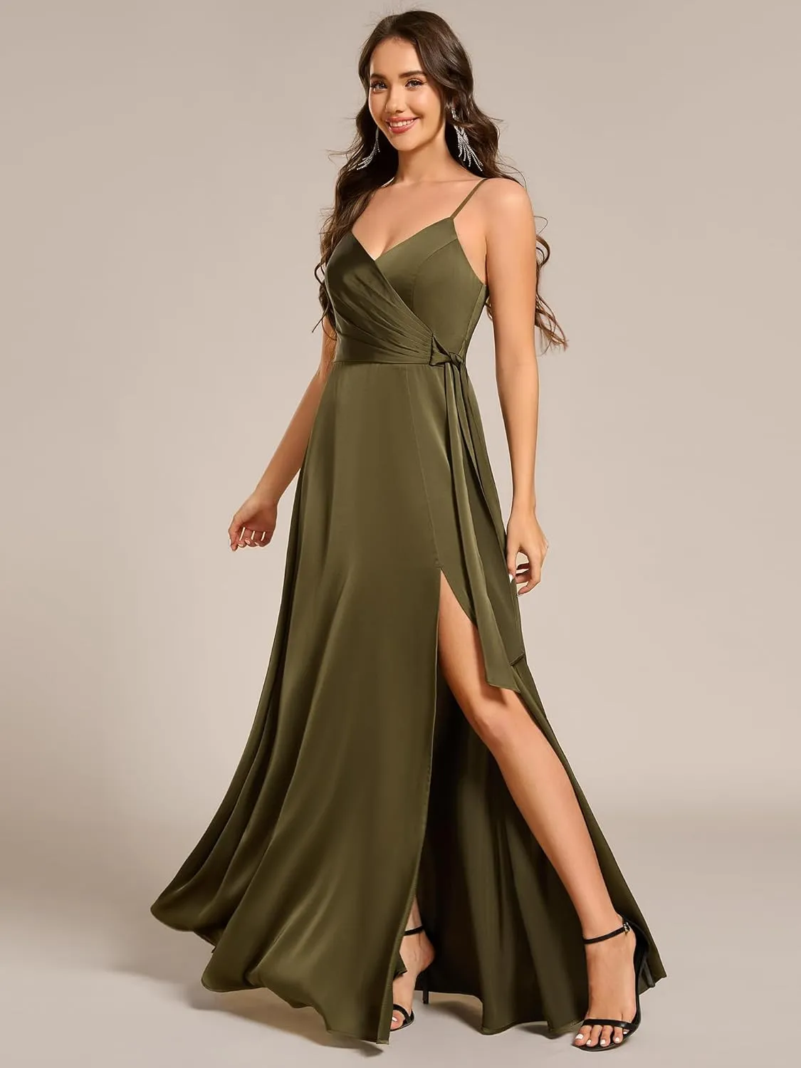 Ever-Pretty Women's Sexy Spaghetti Straps Ruched V Neck Floor Length Satin Formal Dress with Slit 02317