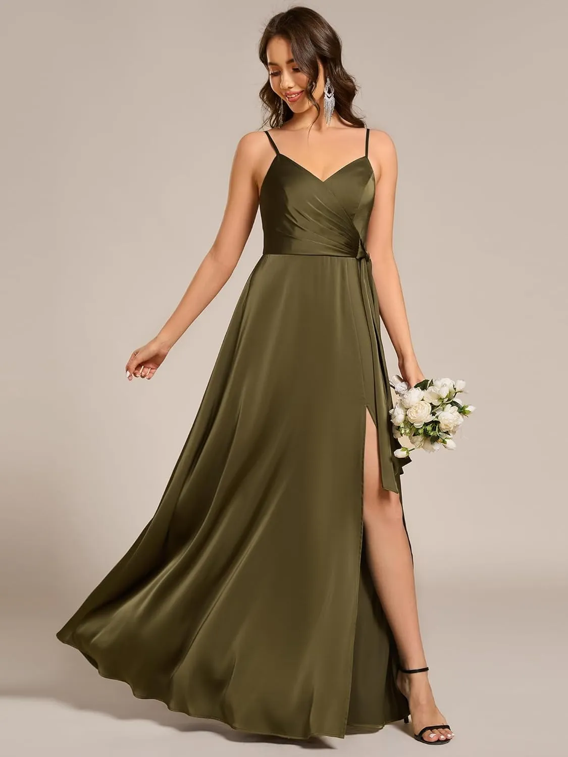 Ever-Pretty Women's Sexy Spaghetti Straps Ruched V Neck Floor Length Satin Formal Dress with Slit 02317