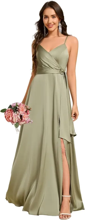 Ever-Pretty Women's Sexy Spaghetti Straps Ruched V Neck Floor Length Satin Formal Dress with Slit 02317
