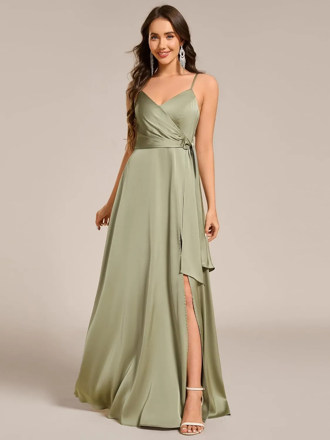 Ever-Pretty Women's Sexy Spaghetti Straps Ruched V Neck Floor Length Satin Formal Dress with Slit 02317