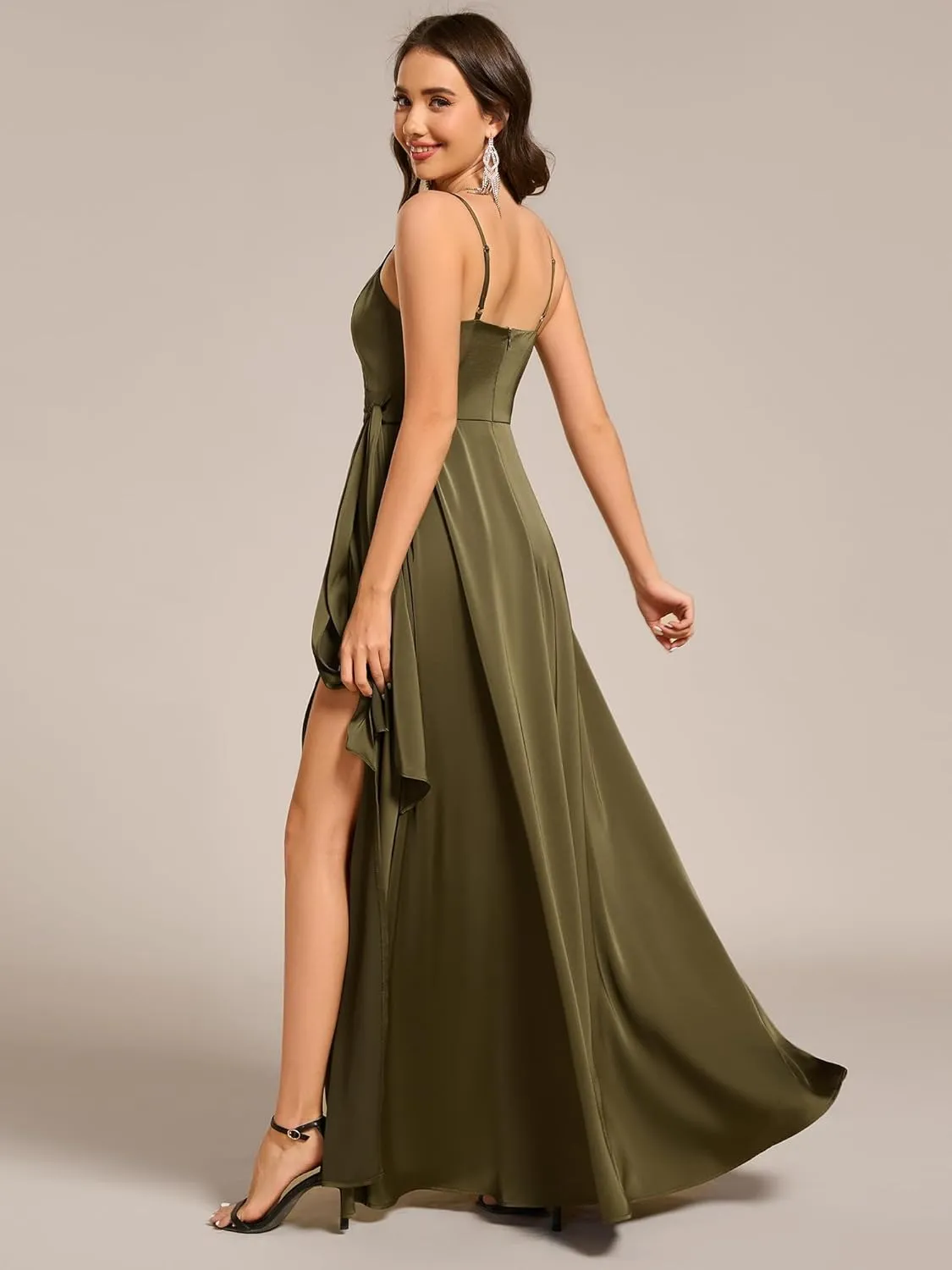 Ever-Pretty Women's Sexy Spaghetti Straps Ruched V Neck Floor Length Satin Formal Dress with Slit 02317