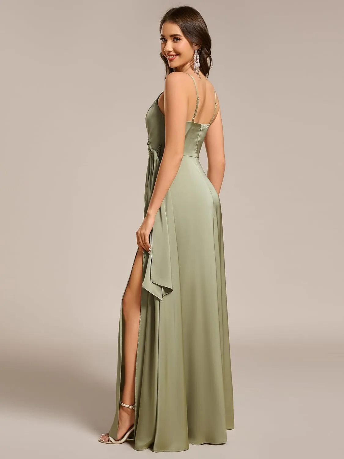Ever-Pretty Women's Sexy Spaghetti Straps Ruched V Neck Floor Length Satin Formal Dress with Slit 02317