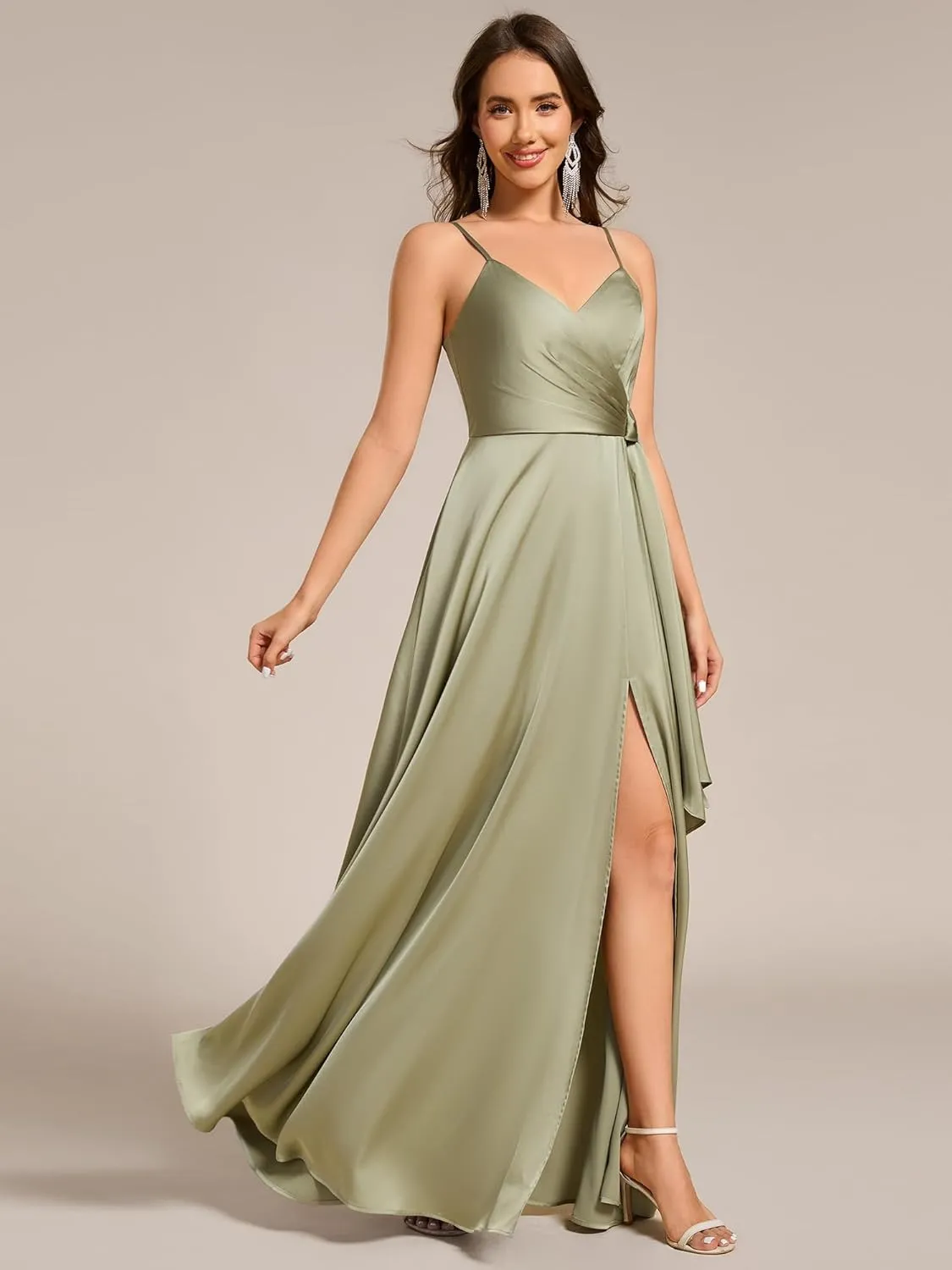 Ever-Pretty Women's Sexy Spaghetti Straps Ruched V Neck Floor Length Satin Formal Dress with Slit 02317