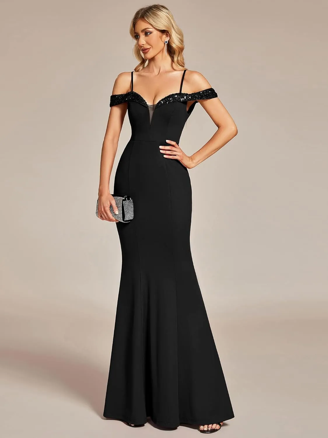Ever-Pretty Women's V Neck Off Shoulder Sequin Sleeves Mermaid Floor Length Maxi Evening Dresses 01737