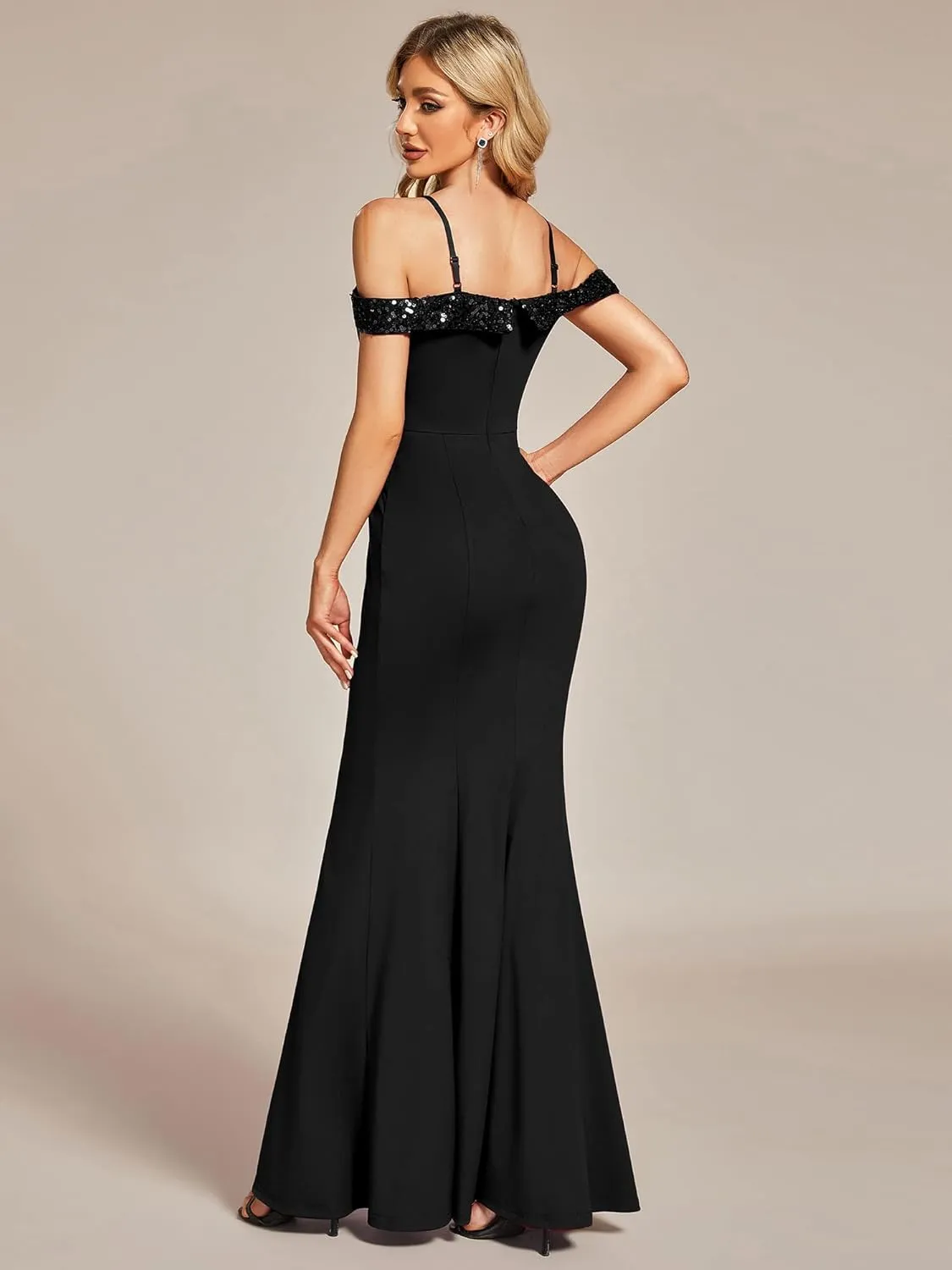 Ever-Pretty Women's V Neck Off Shoulder Sequin Sleeves Mermaid Floor Length Maxi Evening Dresses 01737