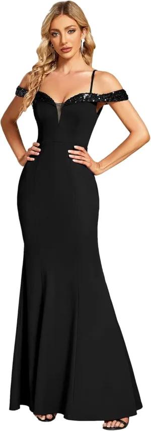 Ever-Pretty Women's V Neck Off Shoulder Sequin Sleeves Mermaid Floor Length Maxi Evening Dresses 01737