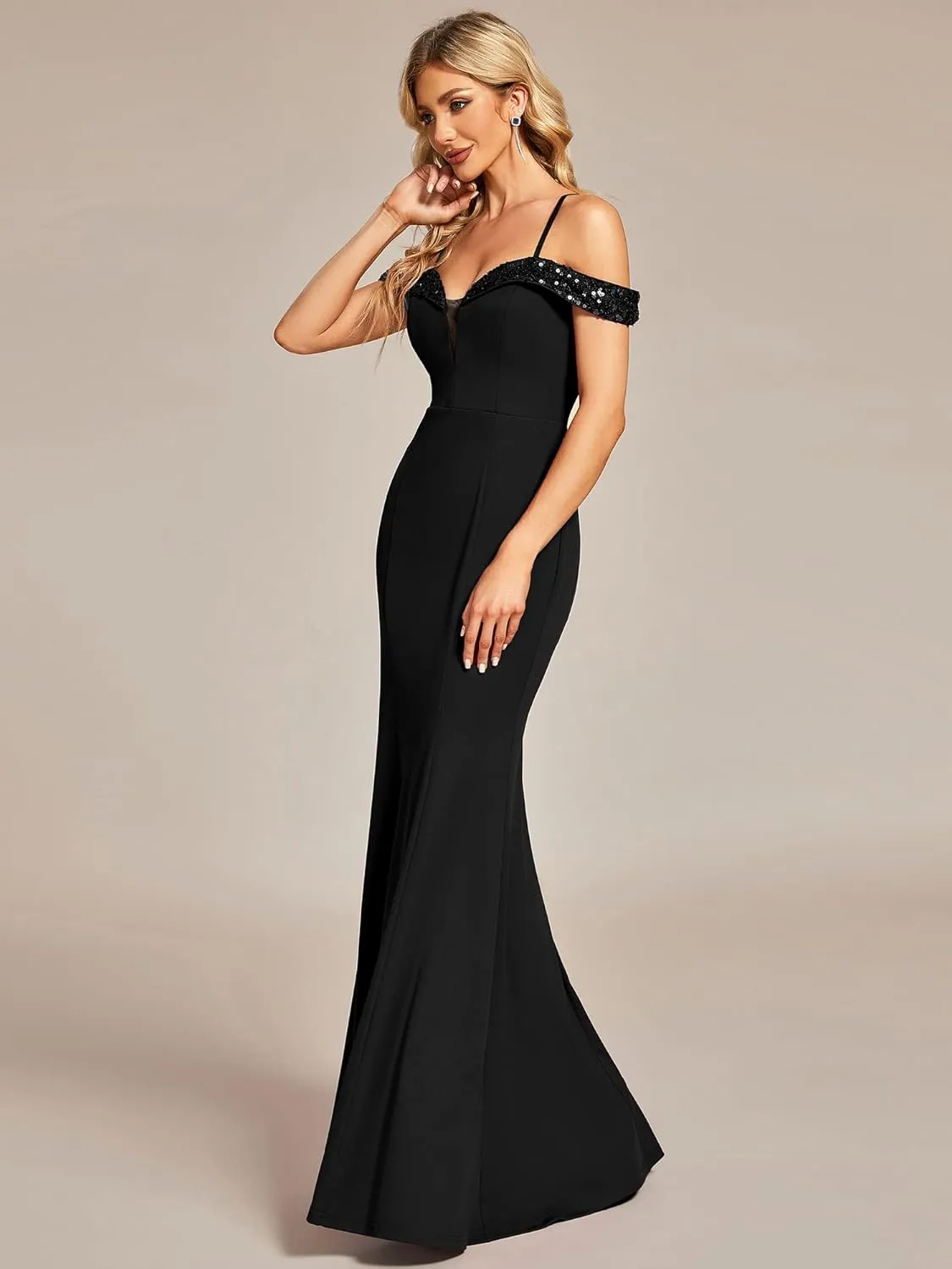 Ever-Pretty Women's V Neck Off Shoulder Sequin Sleeves Mermaid Floor Length Maxi Evening Dresses 01737