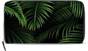 Exotic Dark Green Tropical Palm Leaves Seamless Green Leaves Pattern Leather Long Wallet Organizer with Zipper Purse Clutch Bag for Women Men Key Card Coin Passport Checkbook 8 x 4 inch