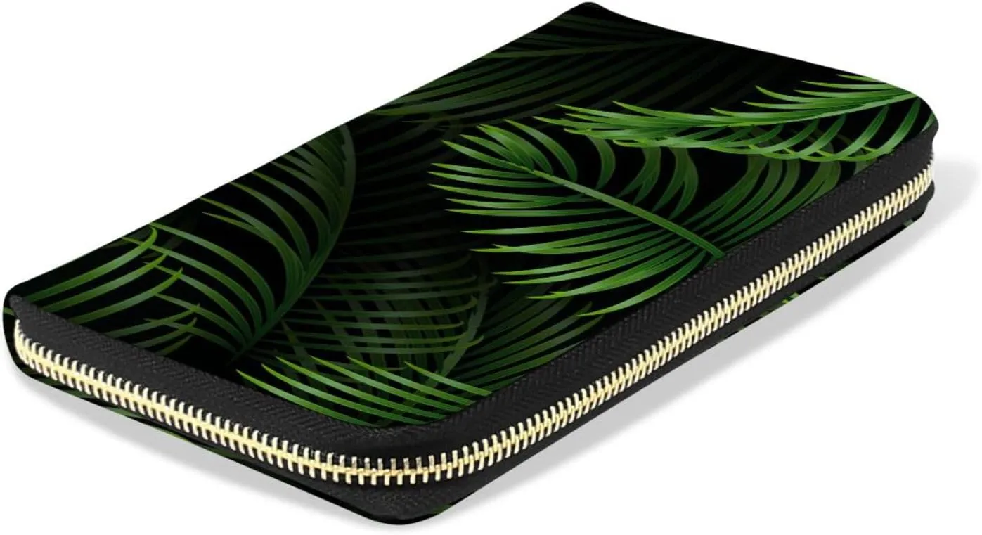 Exotic Dark Green Tropical Palm Leaves Seamless Green Leaves Pattern Leather Long Wallet Organizer with Zipper Purse Clutch Bag for Women Men Key Card Coin Passport Checkbook 8 x 4 inch