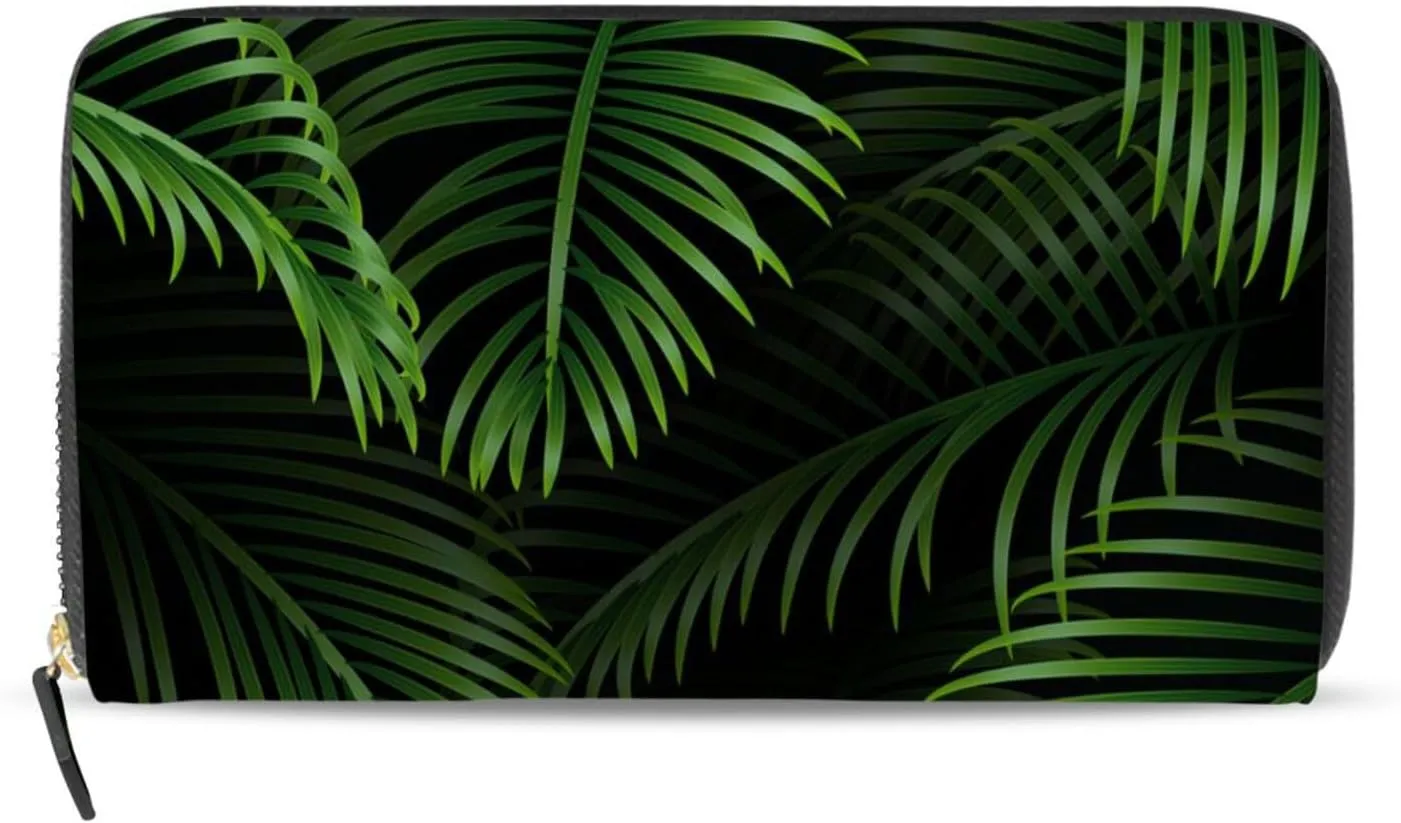 Exotic Dark Green Tropical Palm Leaves Seamless Green Leaves Pattern Leather Long Wallet Organizer with Zipper Purse Clutch Bag for Women Men Key Card Coin Passport Checkbook 8 x 4 inch