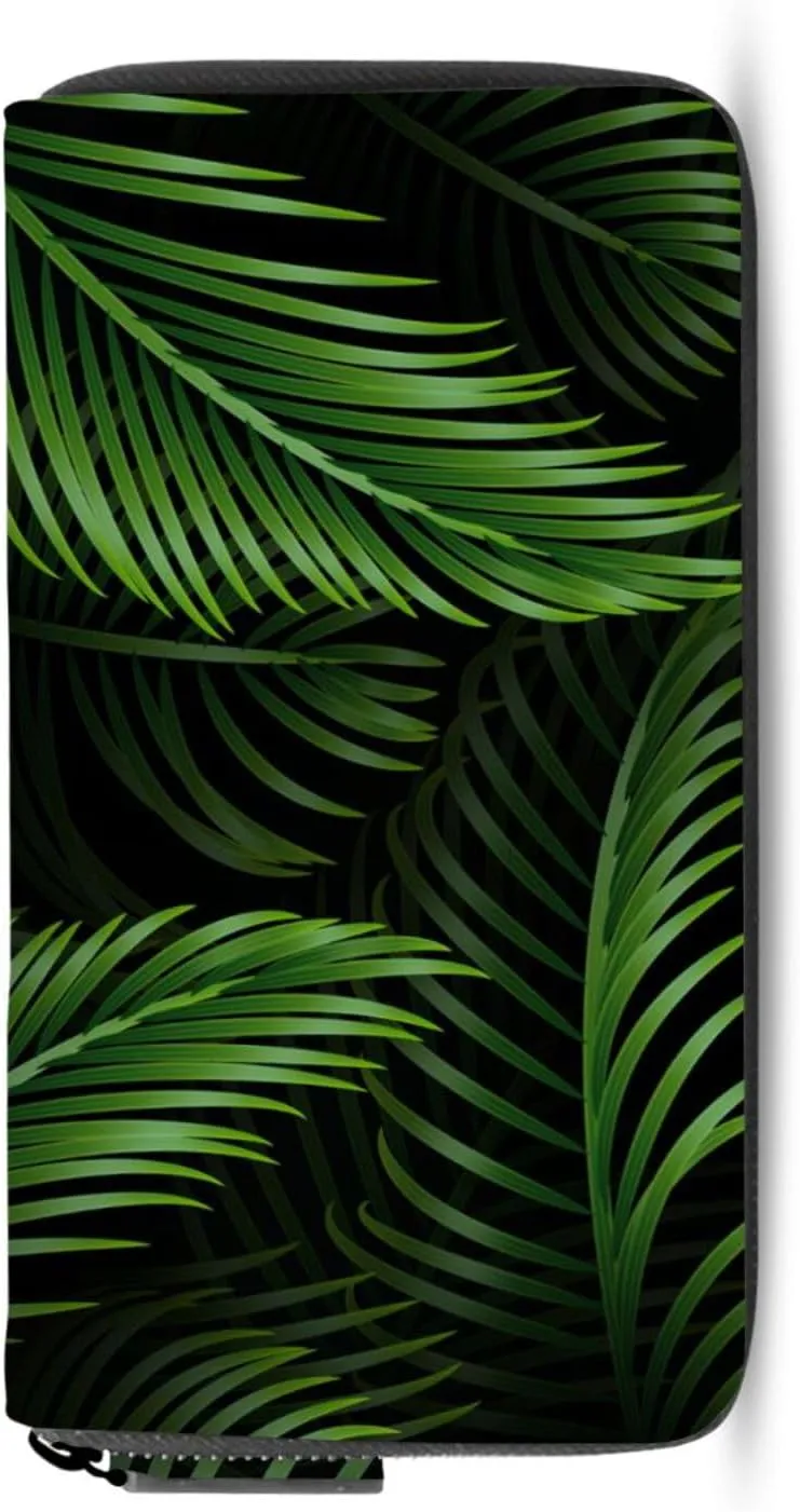 Exotic Dark Green Tropical Palm Leaves Seamless Green Leaves Pattern Leather Long Wallet Organizer with Zipper Purse Clutch Bag for Women Men Key Card Coin Passport Checkbook 8 x 4 inch