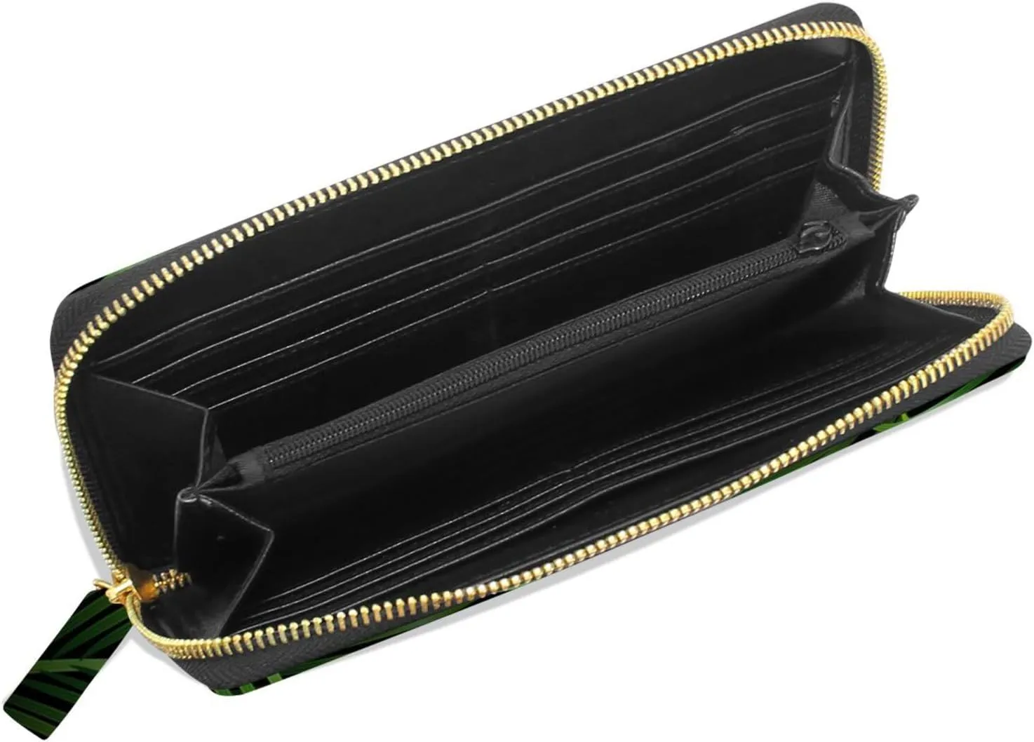Exotic Dark Green Tropical Palm Leaves Seamless Green Leaves Pattern Leather Long Wallet Organizer with Zipper Purse Clutch Bag for Women Men Key Card Coin Passport Checkbook 8 x 4 inch