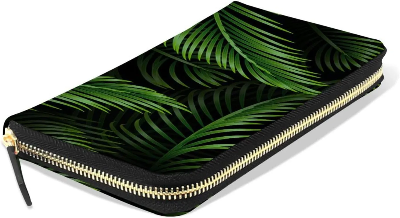 Exotic Dark Green Tropical Palm Leaves Seamless Green Leaves Pattern Leather Long Wallet Organizer with Zipper Purse Clutch Bag for Women Men Key Card Coin Passport Checkbook 8 x 4 inch