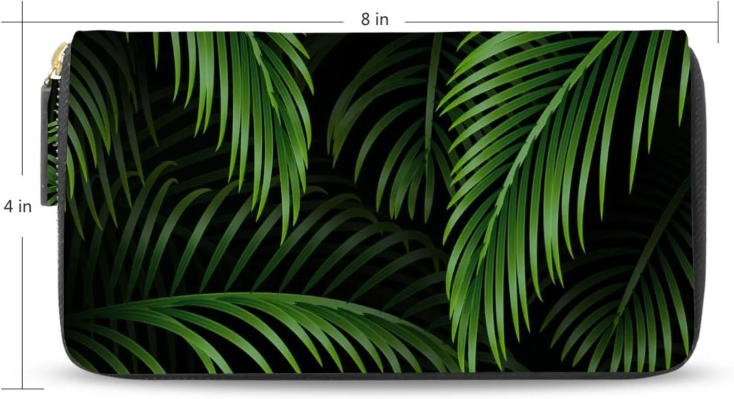 Exotic Dark Green Tropical Palm Leaves Seamless Green Leaves Pattern Leather Long Wallet Organizer with Zipper Purse Clutch Bag for Women Men Key Card Coin Passport Checkbook 8 x 4 inch