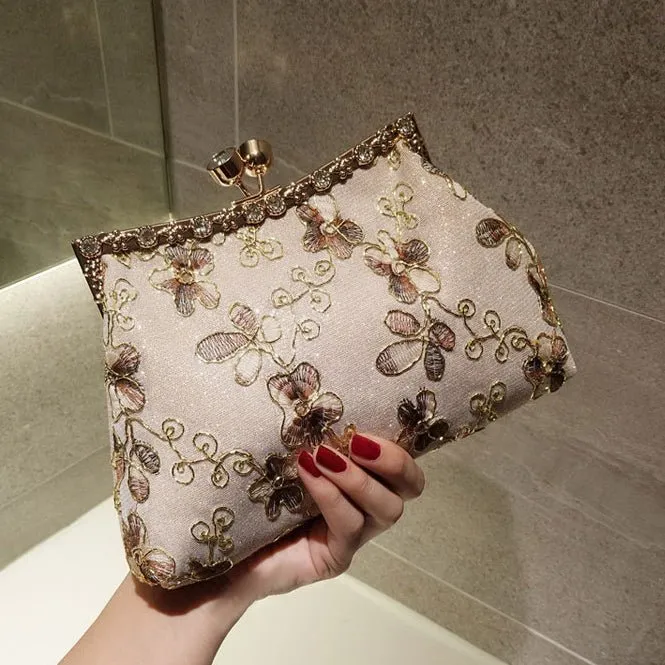 Exquisite Flower Embroidery Flash Evening Clutch