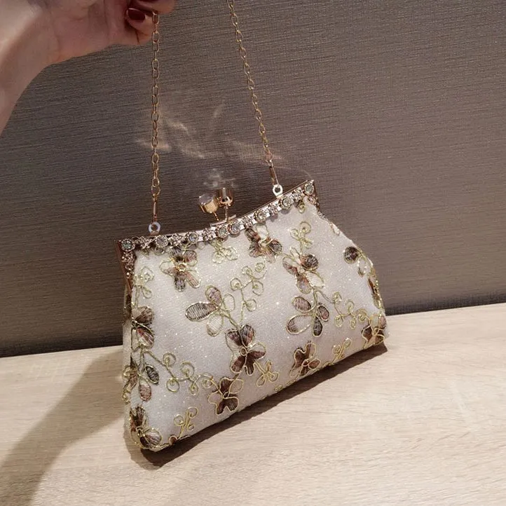 Exquisite Flower Embroidery Flash Evening Clutch
