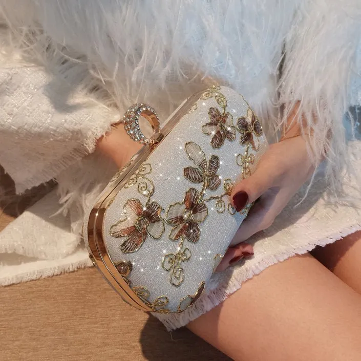 Exquisite Flower Embroidery Flash Evening Clutch