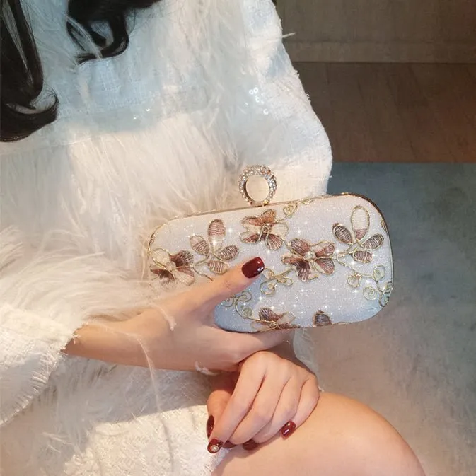 Exquisite Flower Embroidery Flash Evening Clutch