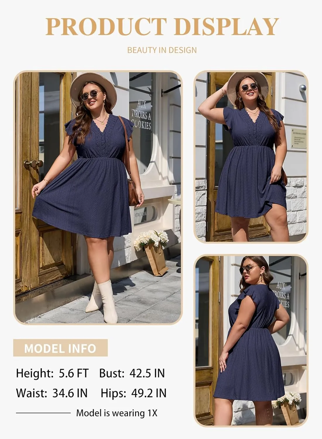 Eytino Plus Size Dresses for Women Summer Ruffle Cap Sleeve Lace V Neck Embroidery Eyelet A Line Dress(1X-5X)