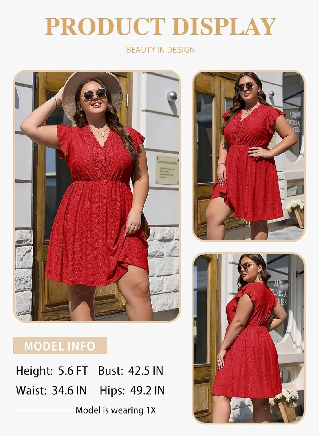 Eytino Plus Size Dresses for Women Summer Ruffle Cap Sleeve Lace V Neck Embroidery Eyelet A Line Dress(1X-5X)