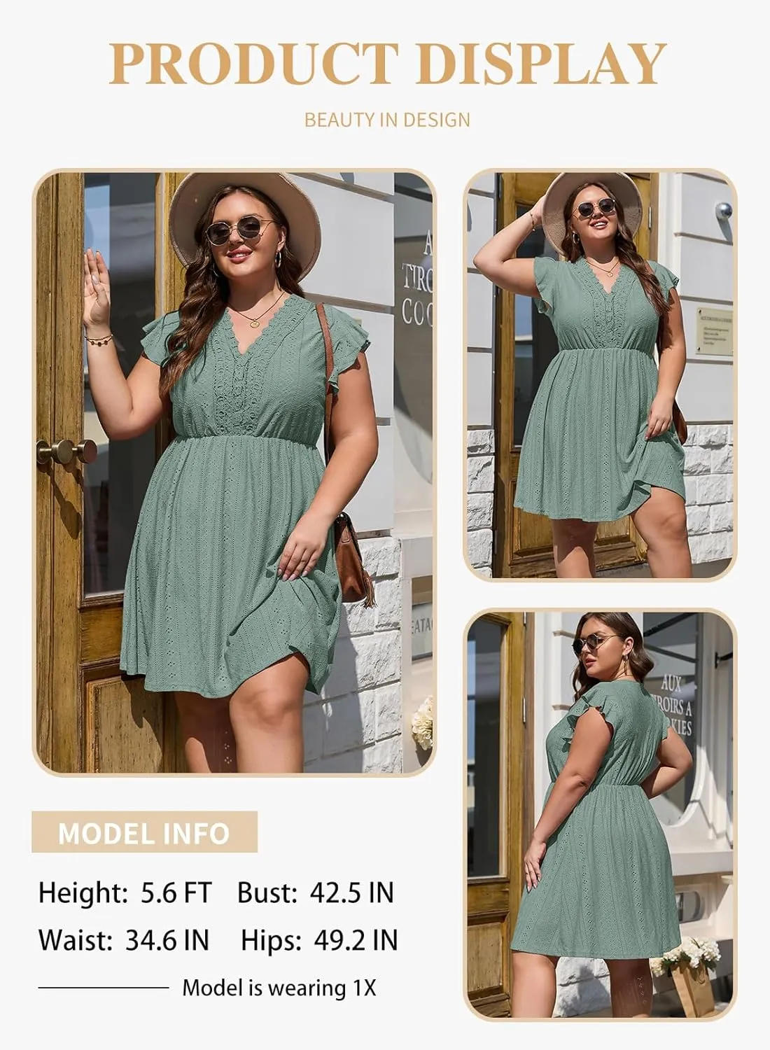Eytino Plus Size Dresses for Women Summer Ruffle Cap Sleeve Lace V Neck Embroidery Eyelet A Line Dress(1X-5X)