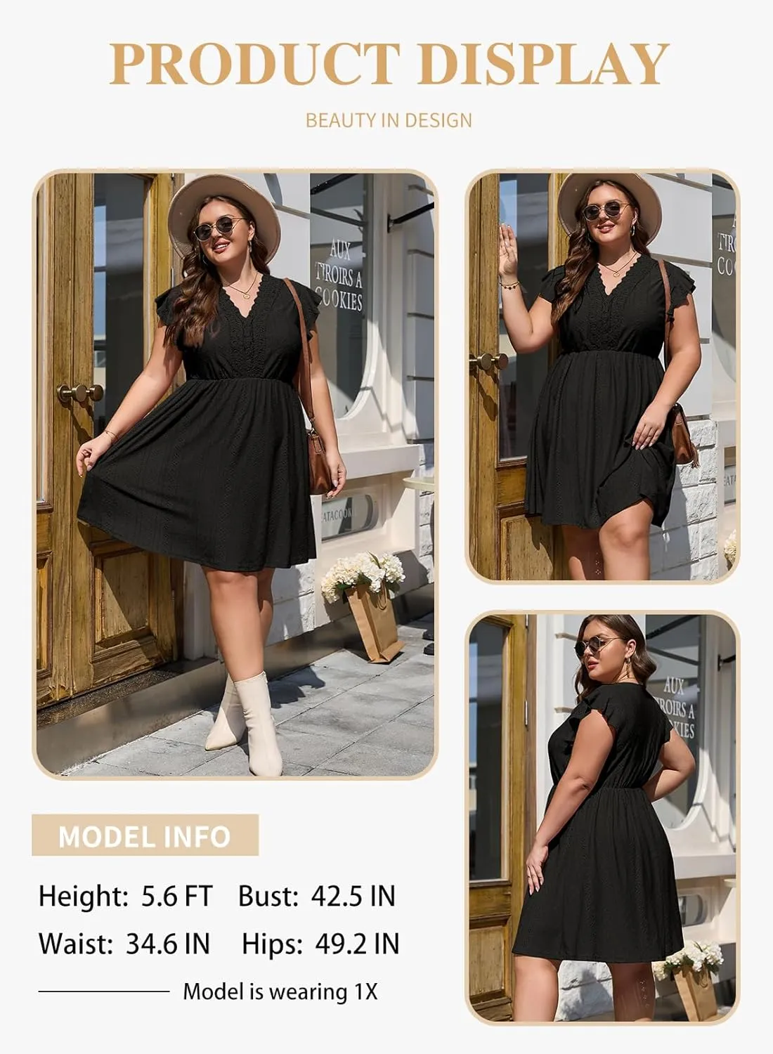 Eytino Plus Size Dresses for Women Summer Ruffle Cap Sleeve Lace V Neck Embroidery Eyelet A Line Dress(1X-5X)