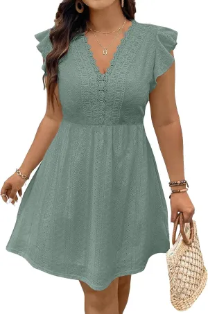 Eytino Plus Size Dresses for Women Summer Ruffle Cap Sleeve Lace V Neck Embroidery Eyelet A Line Dress(1X-5X)