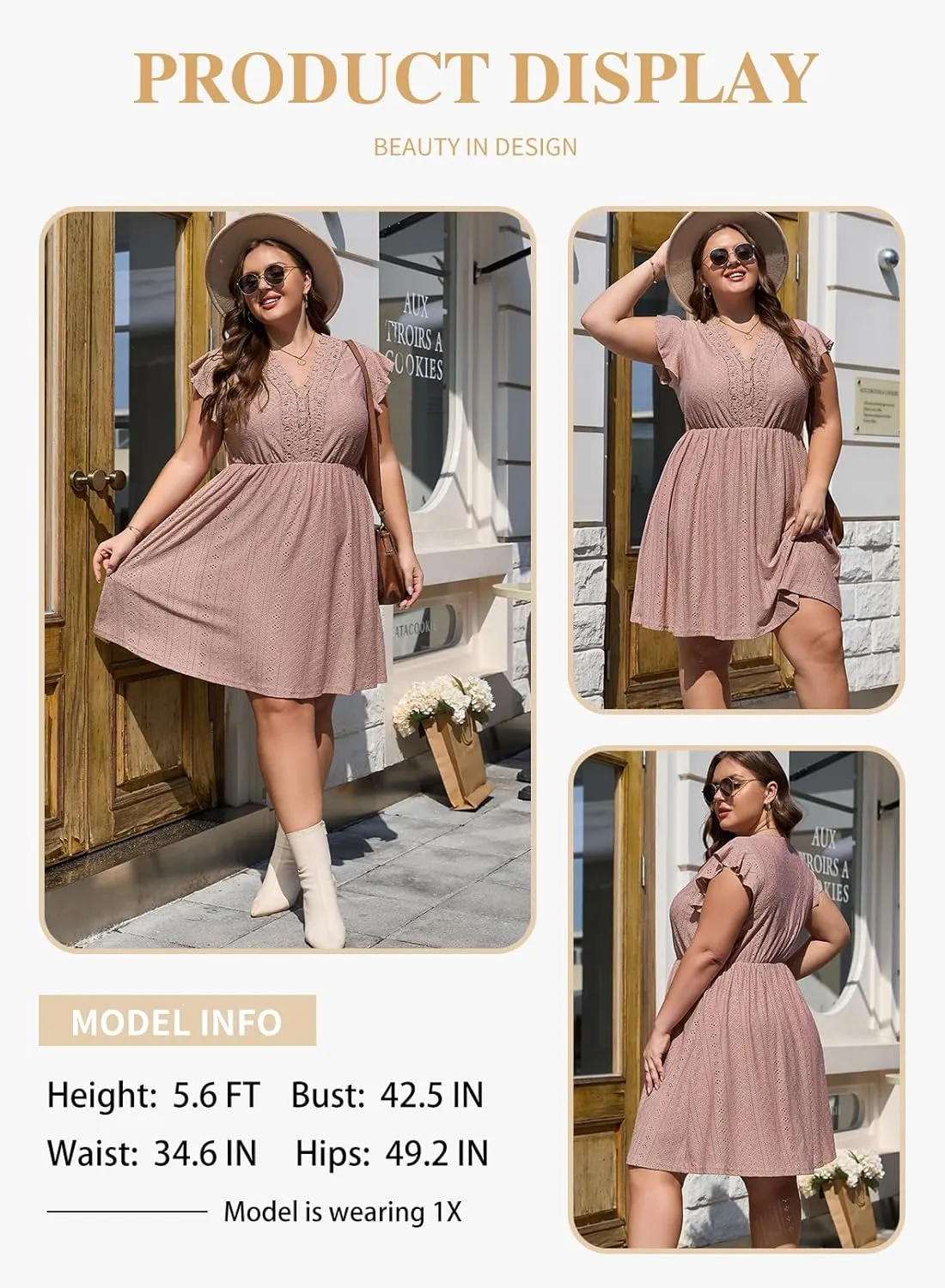 Eytino Plus Size Dresses for Women Summer Ruffle Cap Sleeve Lace V Neck Embroidery Eyelet A Line Dress(1X-5X)