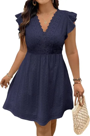Eytino Plus Size Dresses for Women Summer Ruffle Cap Sleeve Lace V Neck Embroidery Eyelet A Line Dress(1X-5X)