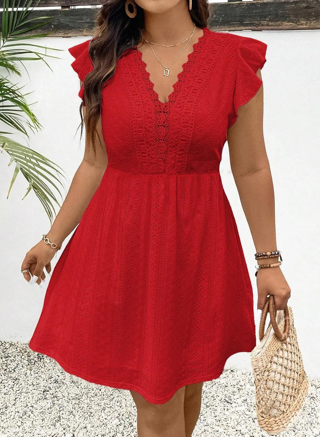 Eytino Plus Size Dresses for Women Summer Ruffle Cap Sleeve Lace V Neck Embroidery Eyelet A Line Dress(1X-5X)