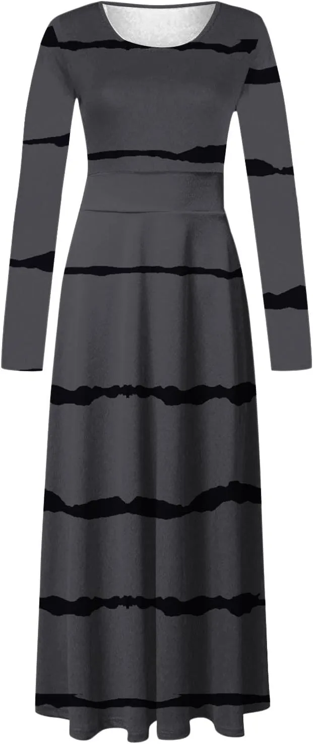 Fall Floral Dresses for Women 2024 Fashion Striped Elastic Waist Causal Boho Dress Plus Size Crewneck Oversized Dress