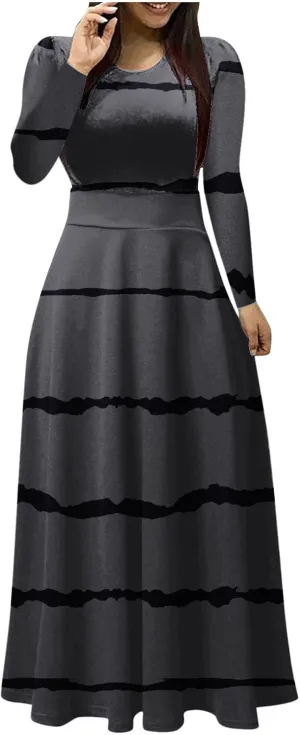 Fall Floral Dresses for Women 2024 Fashion Striped Elastic Waist Causal Boho Dress Plus Size Crewneck Oversized Dress