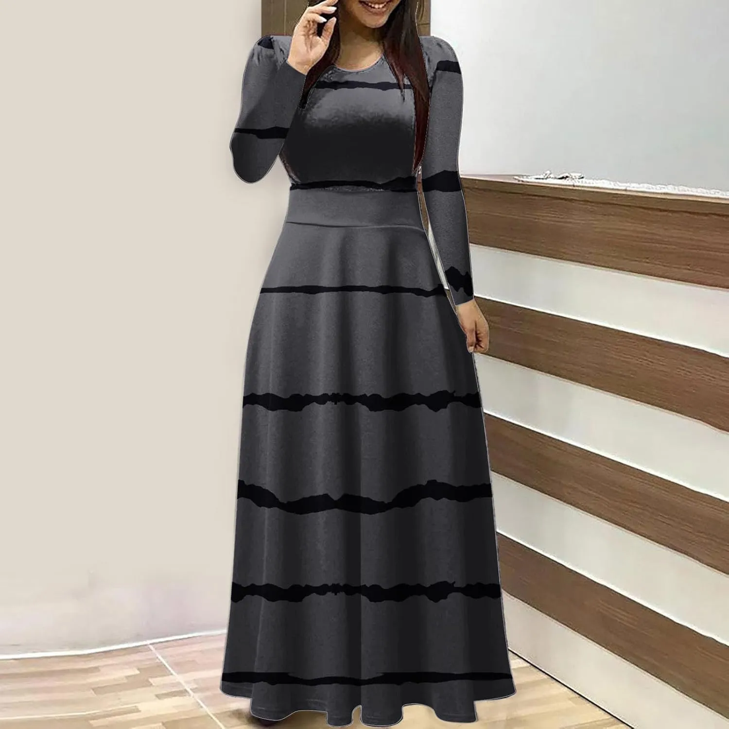 Fall Floral Dresses for Women 2024 Fashion Striped Elastic Waist Causal Boho Dress Plus Size Crewneck Oversized Dress