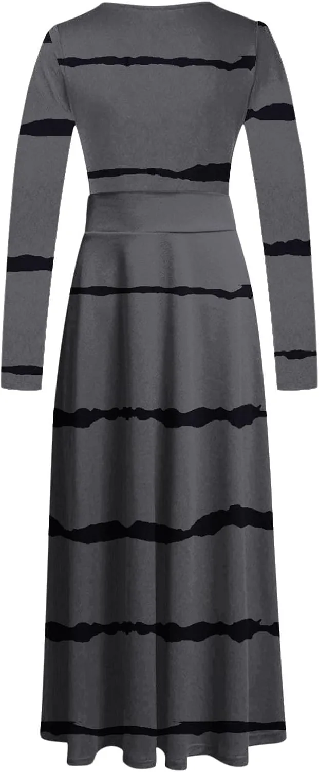 Fall Floral Dresses for Women 2024 Fashion Striped Elastic Waist Causal Boho Dress Plus Size Crewneck Oversized Dress