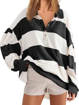 Fall Shirts for Women Long Sleeve Striped Button Down Sweatshirts Causal Fashion Pullover Blouses Plus Size Tops Tees