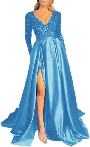 Fanciest V Neck Long Sleeve Prom Dresses with Slit Sequin Satin Formal Evening Gowns