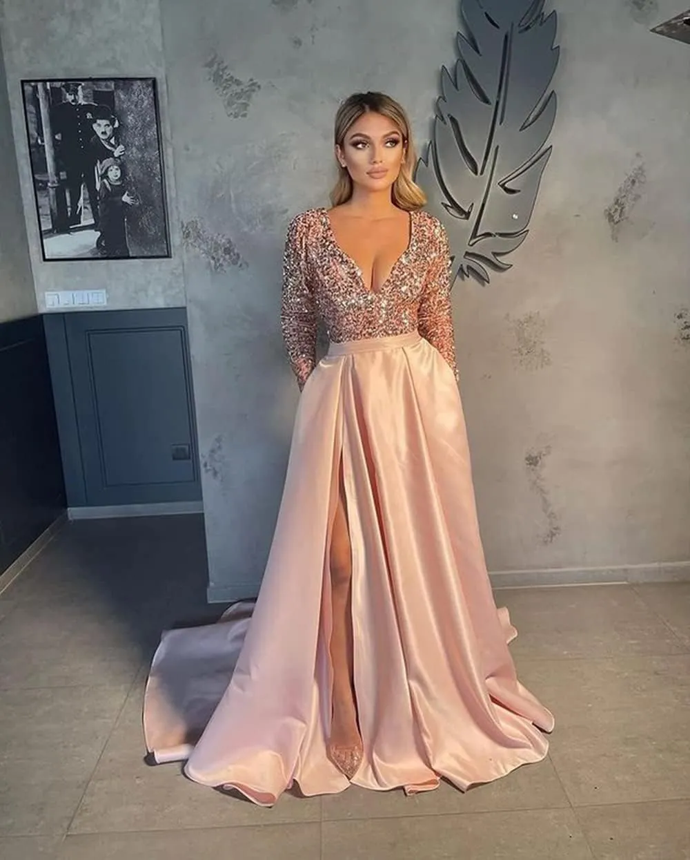 Fanciest V Neck Long Sleeve Prom Dresses with Slit Sequin Satin Formal Evening Gowns