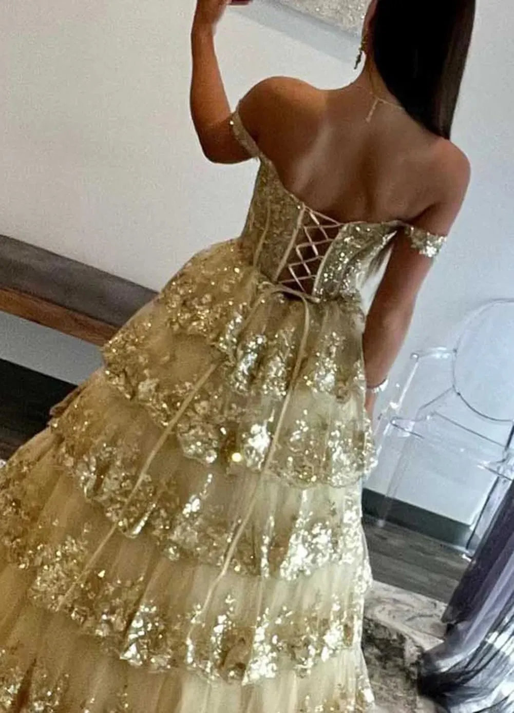 Fanciest Women's Sparkly Off Shoulder Lace Appliques Prom Dresses 2025 Long Slit Formal Dress Ball Gown Tiered Evening Gowns