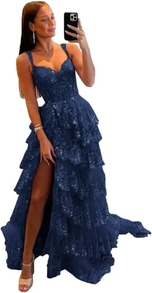 Fanciest Women's Sparkly Off Shoulder Lace Appliques Prom Dresses 2025 Long Slit Formal Dress Ball Gown Tiered Evening Gowns