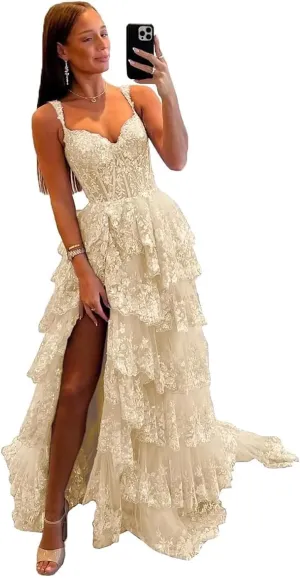 Fanciest Women's Sparkly Off Shoulder Lace Appliques Prom Dresses 2025 Long Slit Formal Dress Ball Gown Tiered Evening Gowns