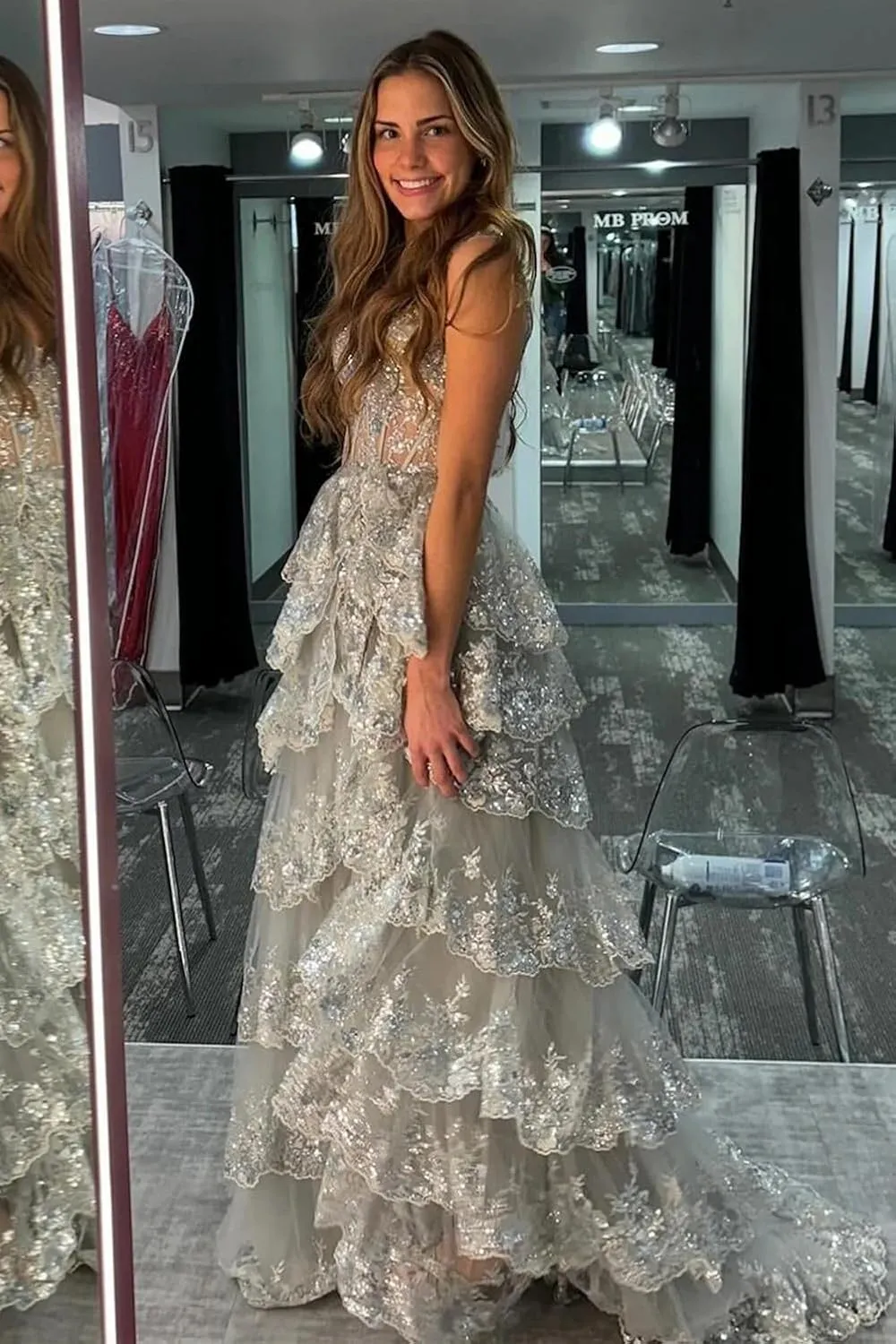 Fanciest Women's Sparkly Off Shoulder Lace Appliques Prom Dresses 2025 Long Slit Formal Dress Ball Gown Tiered Evening Gowns