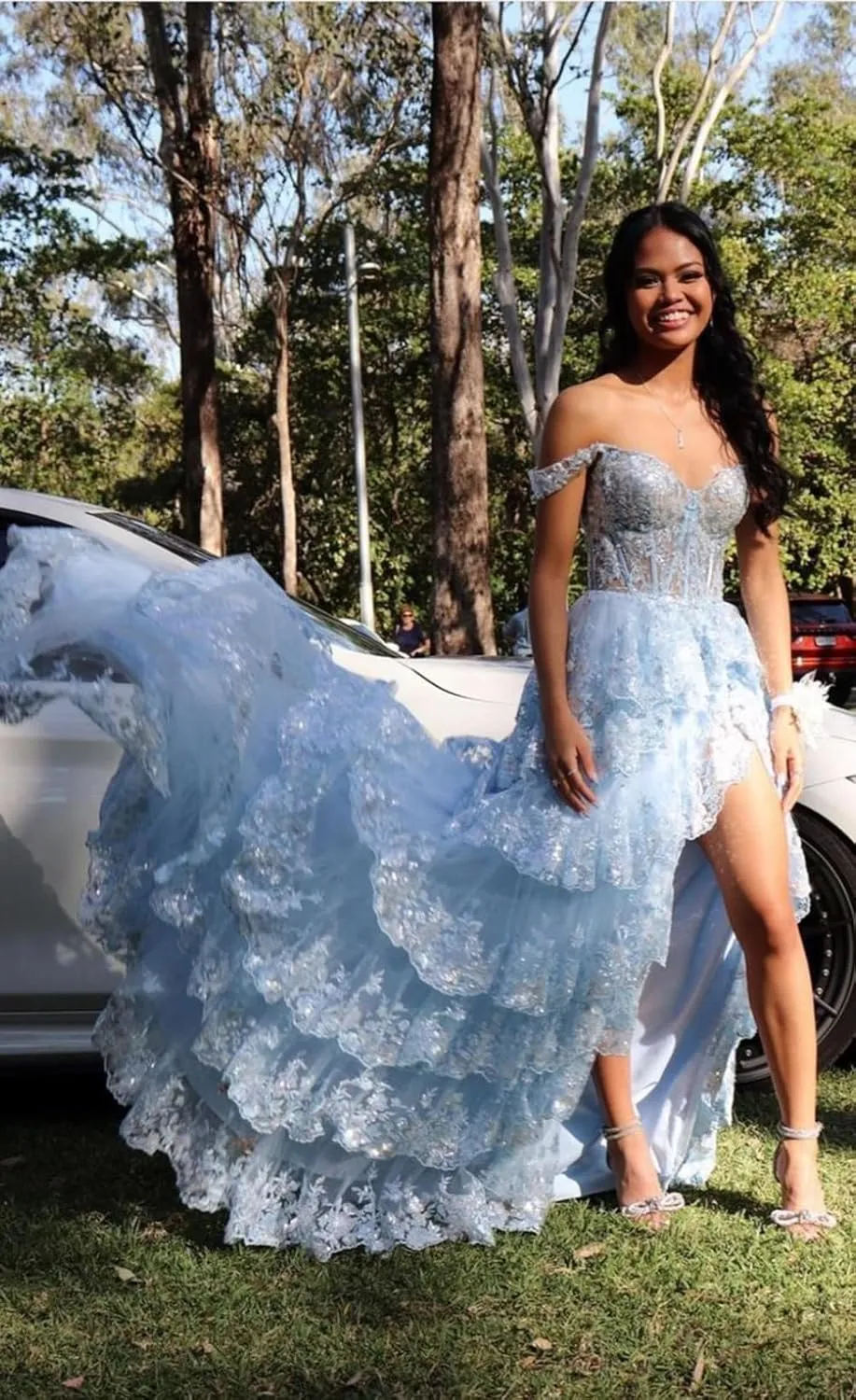 Fanciest Women's Sparkly Off Shoulder Lace Appliques Prom Dresses 2025 Long Slit Formal Dress Ball Gown Tiered Evening Gowns