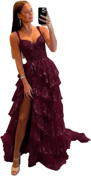 Fanciest Women's Sparkly Off Shoulder Lace Appliques Prom Dresses 2025 Long Slit Formal Dress Ball Gown Tiered Evening Gowns
