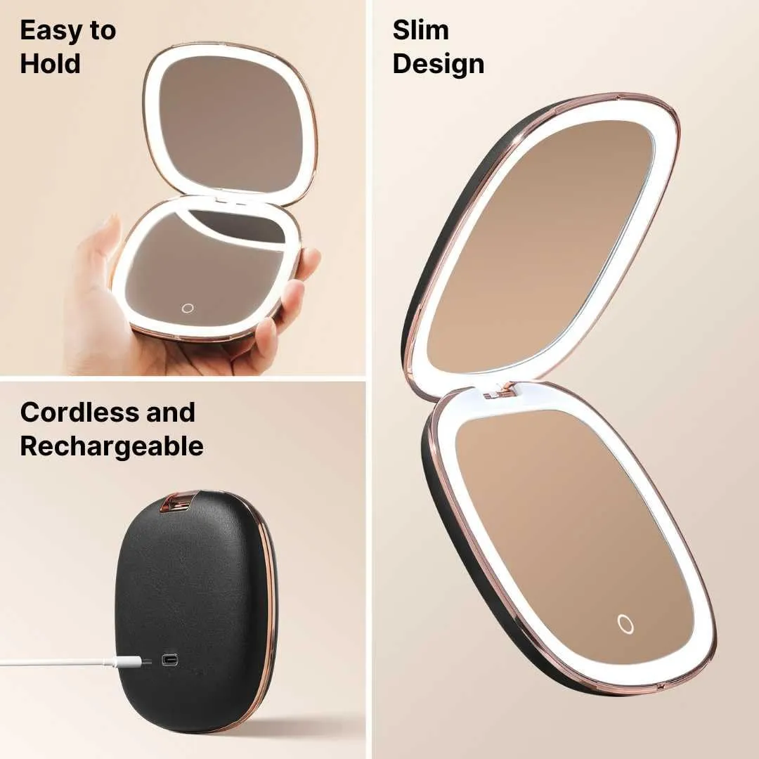 Fancii Mila 2 Compact Magnifying Makeup Mirror with LED Light, Rechargeable, 10x /1x Magnification, Tru-Glow Lighting System, Vegan Leather, Small Travel Mirror for Purses (Midnight Majesty)