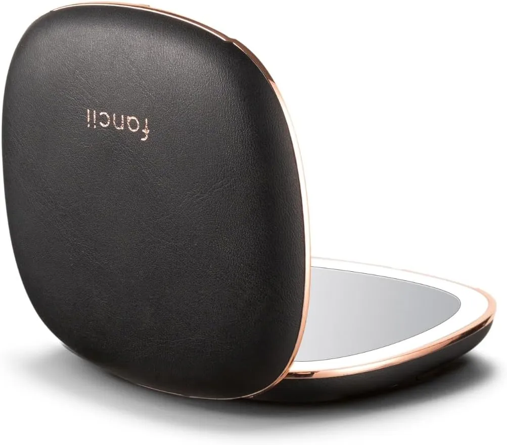 Fancii Mila 2 Compact Magnifying Makeup Mirror with LED Light, Rechargeable, 10x /1x Magnification, Tru-Glow Lighting System, Vegan Leather, Small Travel Mirror for Purses (Midnight Majesty)