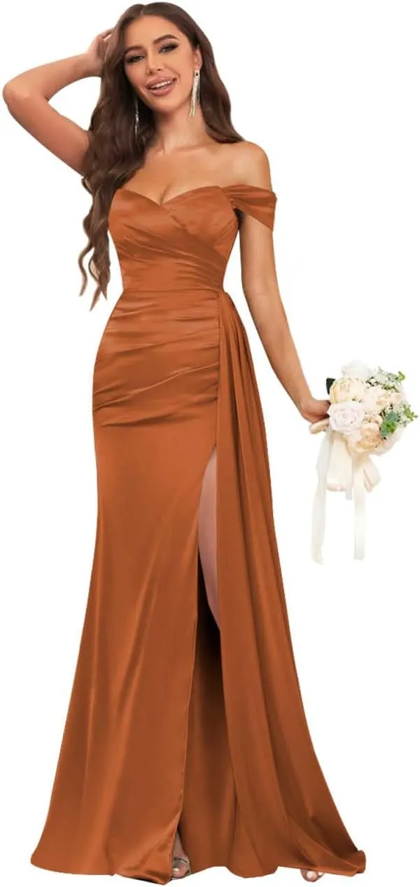 Fancy Bridesmaid Dresses for Wedding Off The Shoulder Mermaid Satin Prom Dress Formal Gown with Draping