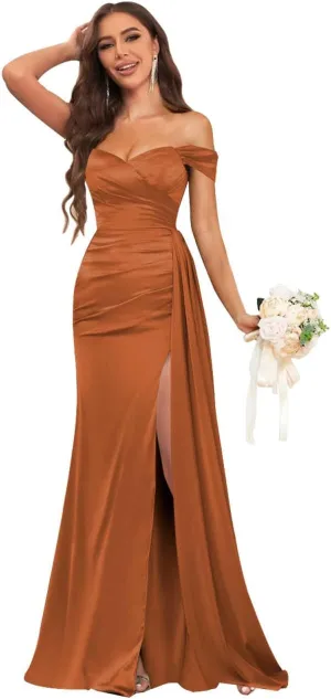 Fancy Bridesmaid Dresses for Wedding Off The Shoulder Mermaid Satin Prom Dress Formal Gown with Draping