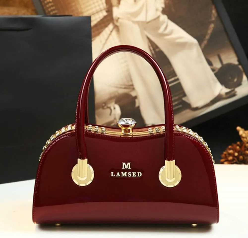 Fashion Leather Wedding Bag for Women's Top Handle Satchel Crossbody Handbags Crystal Evening Bag Purses Hard Shoulder Bags