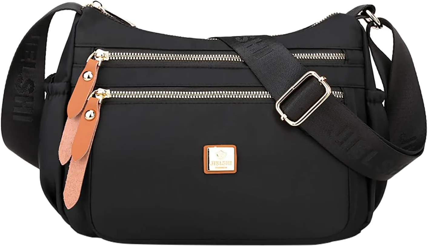 Fashion Multicolor Nylon Fabric Large Capacity Zipper Adjustable Shoulder Strap Messenger Bag Leather (Black, One Size)